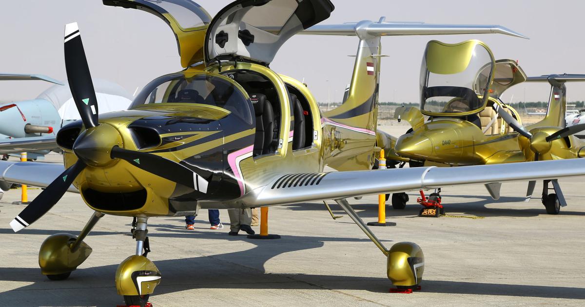 Diamond Aircraft’s static display includes a DA50 single and a DA42 twin sporting unique golden paint schemes.