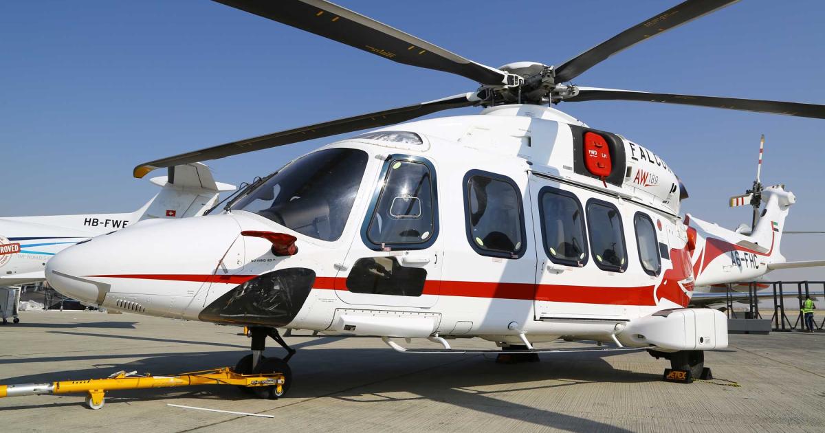 Leonardo’s AW189 super-medium helicopter is powered by two General Electric CT7-2E1 turboshaft engines of 2,000 shp each. It was type-certificated by EASA in 2014. (photo: David McIntosh)