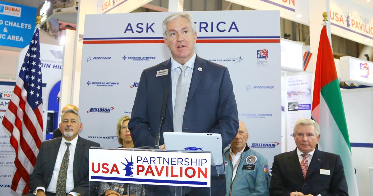 Tom Kallman, president and CEO of Kallman Worldwide, addresses attendees during the USA Partnership Pavilion’s opening.