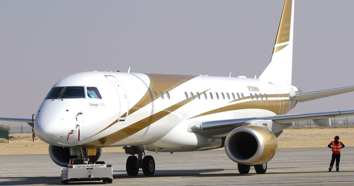 An Embraer Lineage 1000E is shown shortly after its arrival at the Dubai Airshow 2017. The business jet was developed from the E190/195 family.