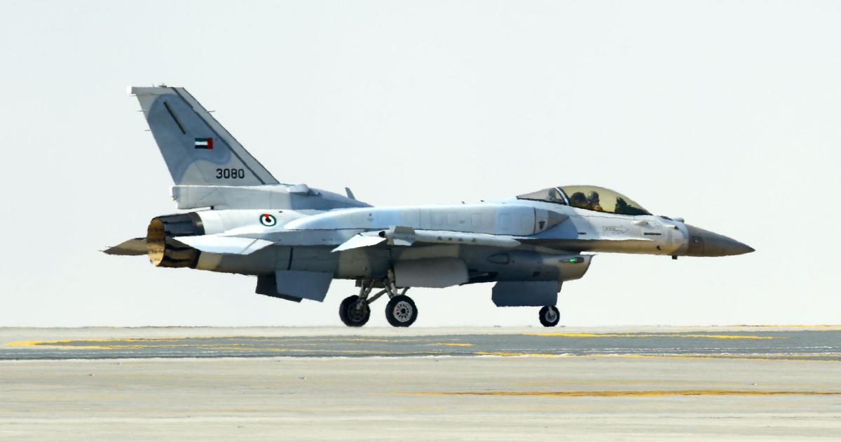 A UAE Air Force/Lockheed Martin F-16 Fighting Falcon taxies at  Al Maktoum International Airport during the 2017 edition of the Dubai Airshow. The UAE Air Force operates 80 of the multirole fighters.
