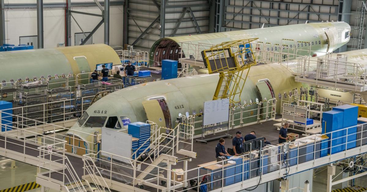 Airbus A320s undergo final assembly at the company's factory in Mobile, Alabama.