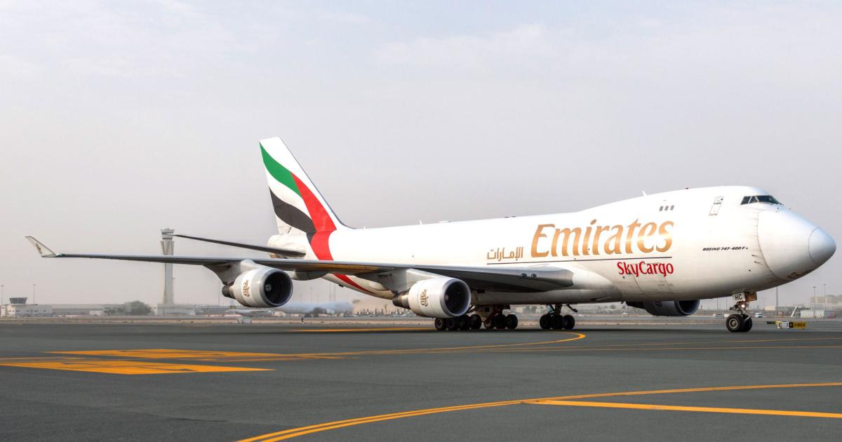 An Emirates SkyCargo B747 in operation at Al Maktoum International Airport (DWC) (Dubai Airports)