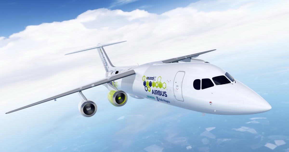 Using a BAe 146 airframe, the E-Fan X demonstrator would fly with one of four engines replaced with an electric motor some time in 2020. (Image: Airbus)