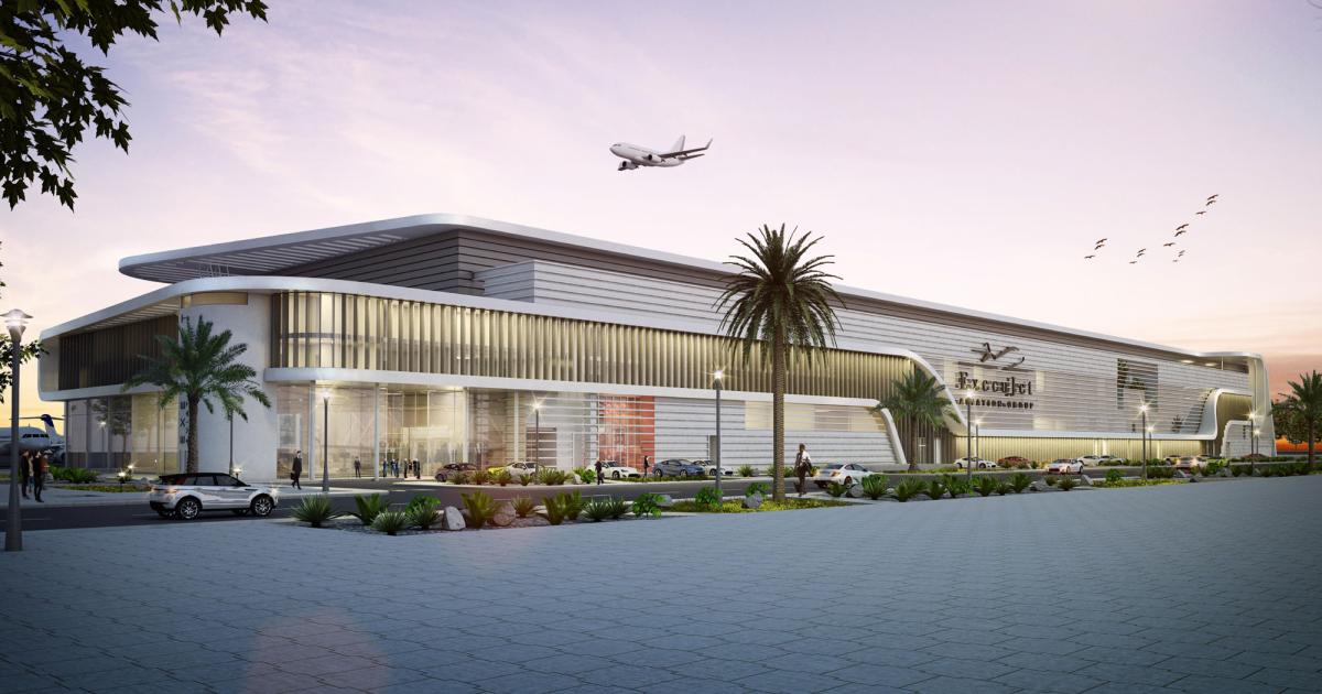 ExecuJet's consolidated 276,632-sq-ft/25,700-sq-m FBO/MRO facility at Dubai South’s Al Maktoum International Airport (DWC) is expected to open in late 2019. (Photo: ExecuJet/Luxaviation Group)