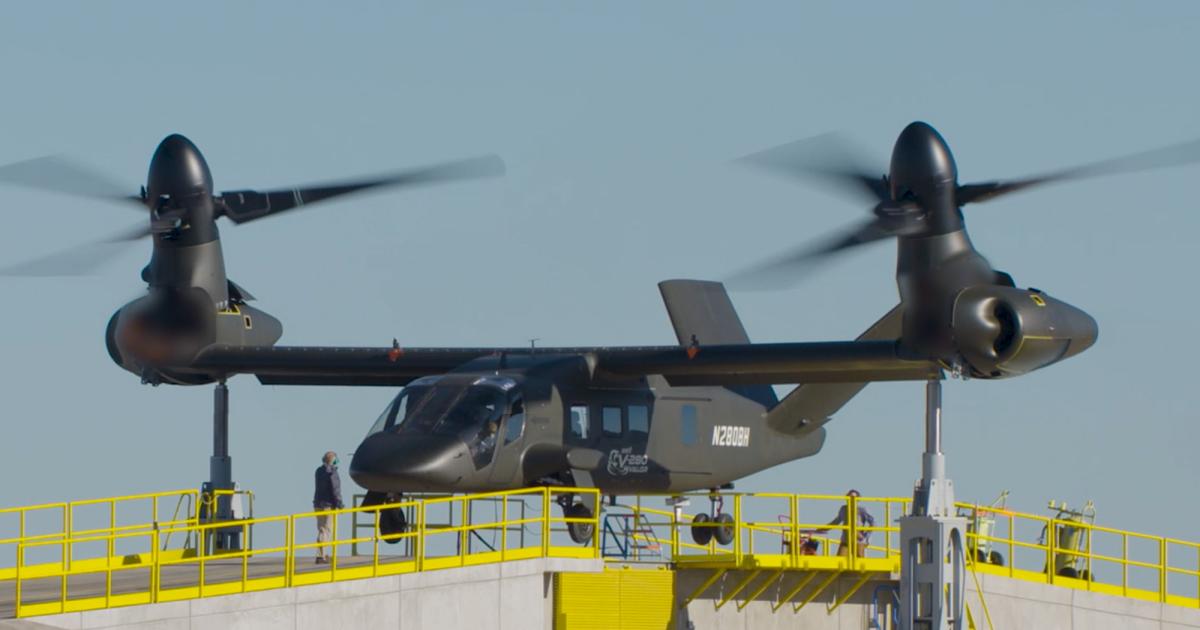 On October 26, the Bell Helicopter V-280 Valor tiltrotor prototype aircraft successfully achieved controlled conversion from 95 to 75 degree pylon and back at the company’s Amarillo, Texas facility. This conversion allows for full hover and low-speed agility maneuvering. (Photo: Bell Helicopter)