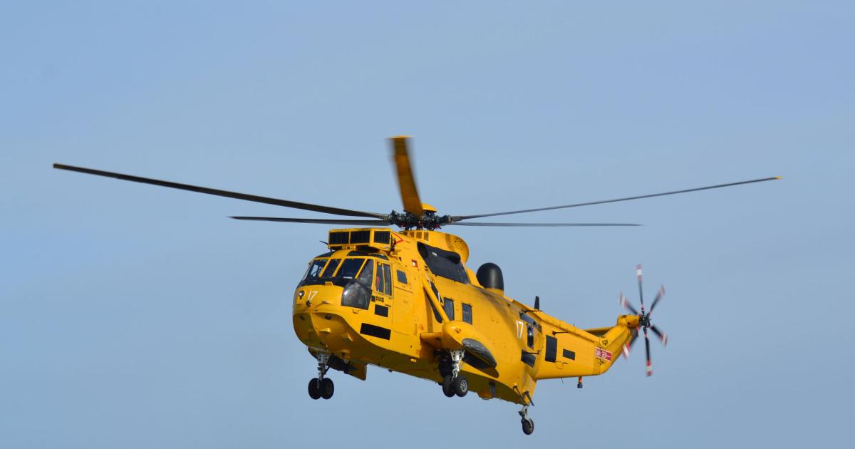 After six months of work, a former RAF Rescue Sea King HAR3A ZH544 flew again for the first time on November 2. It is one of three Sea Kings that Vector Aerospace is returning to the air for the Pakistan Navy.  (Photo: Vector Aerospace/Steve Tamblyn) 