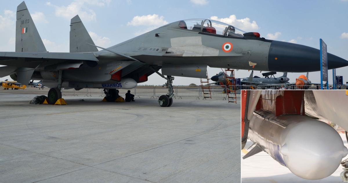 A mockup of the air-launched version of the Brahmos missile was shown underneath an Su-30MKI at the Aero India show in 2013, but the first successful test firing occurred only last week. (Photo: Vladimir Karnozov)