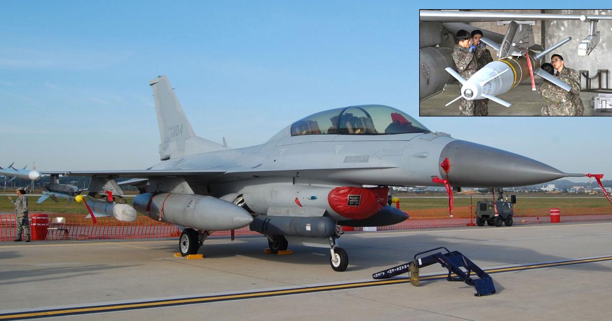 A Korean F-16D, some of which have been upgraded to carry precision weapons such as (inset) the Rafael Spice glide bomb. (Photos: Chris Pocock and KForce News)