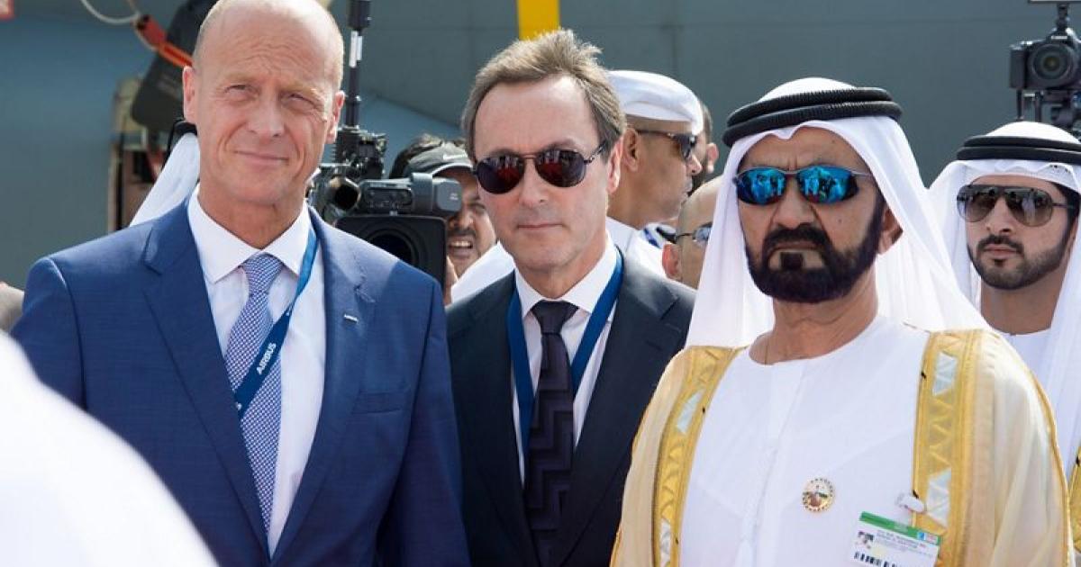 Airbus CEO Tom Enders (left) and COO Fabrice Bregier (center) tour the 2017 Dubai Airshow with United Arab Emirates vice president and prime minister Sheikh Mohammed Bin Rashid Al Maktoum. (Photo: Airbus)