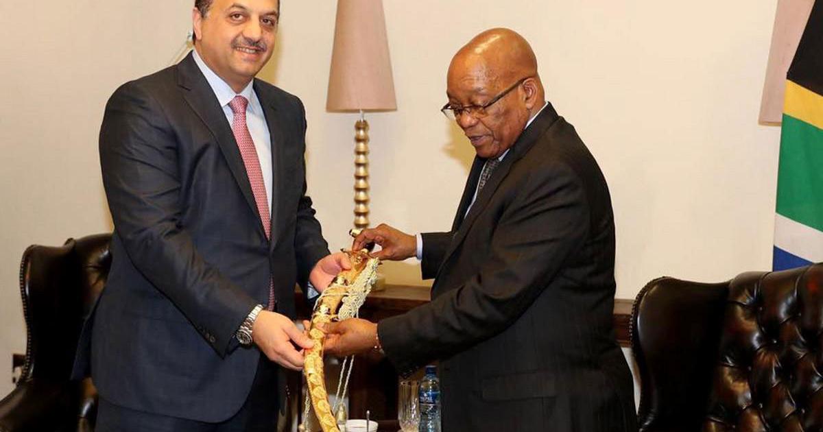 Qatar defense minister Khalid bin Mohammad Al Attiyah presented a decorative sword to South African president Jacob Zuma when they met on November 1. (Photo: Qatari defense ministry via Middle East Monitor website)