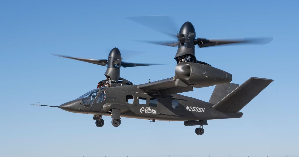 Bell's V-280 Valor tiltrotor made its first flight today. The aircraft is designed to provide twice the speed and range of conventional helicopters. (Photo: Bell)