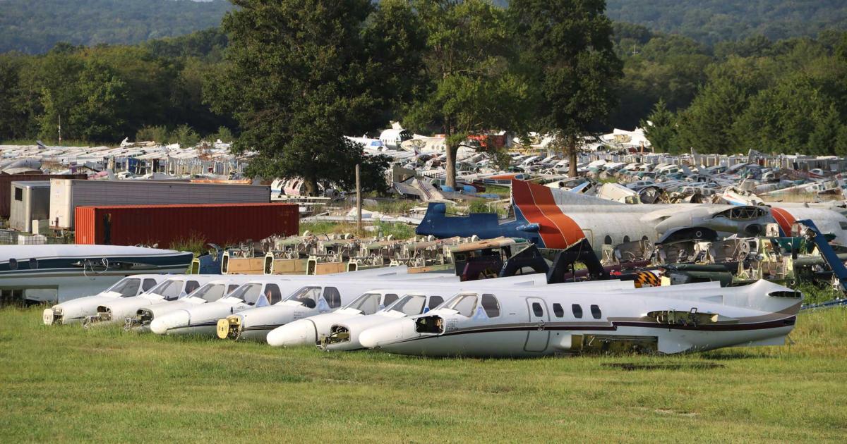 The carcasses of old business jets rest at Kansas-based Dodson International Aircraft Parts. Stripped of virtually anything of possible value, the fuselages are now scarcely worth the cost to dismantle them. (Photo: Barry Ambrose)