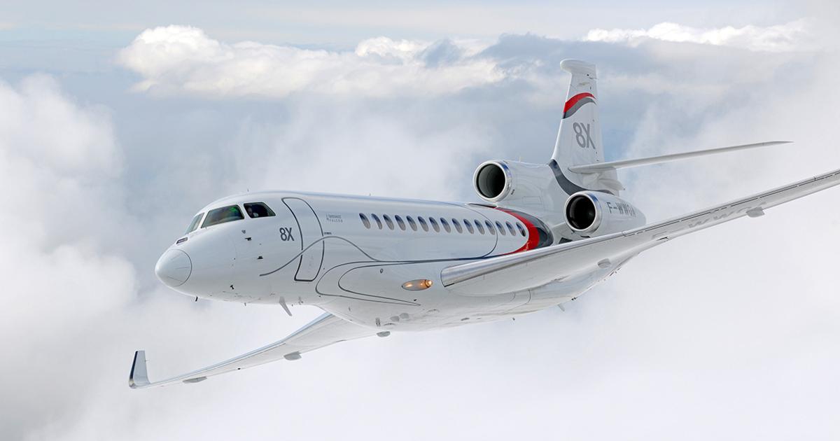 Deliveries and orders of Dassault Falcon business jets, including the Falcon 8X trijet, both climbed last year. Despite this strong performance, the Falcon backlog still fell slightly from the end of 2016. (Photo: Dassault Falcon)