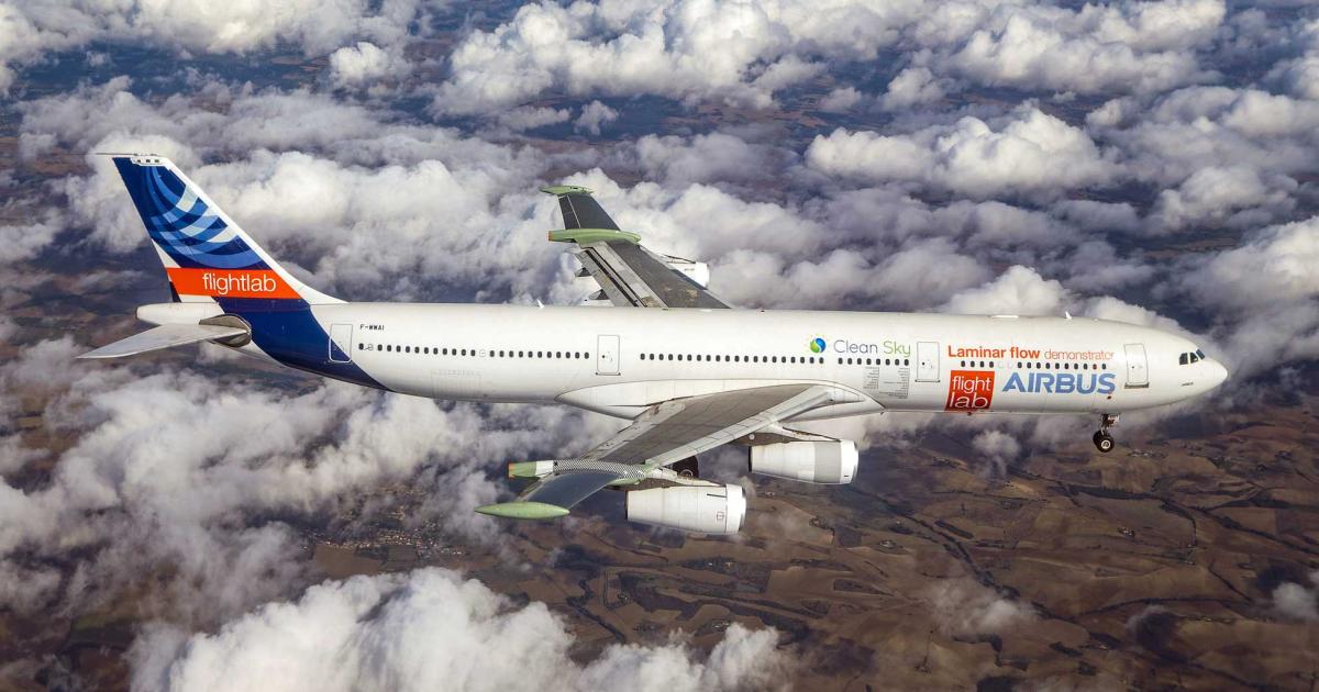 Airbus’s A340-300 testbed flies with experimental laminar-flow airfoil sections making up the outboard segments of each wing.