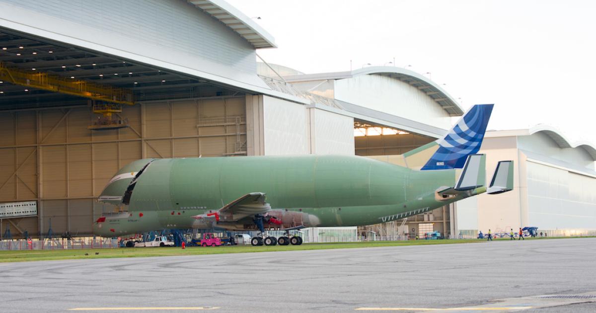 The first structurally complete BelugaXL rolls out of its assembly hangar in Toulouse, France, in January. (Photo: Airbus)