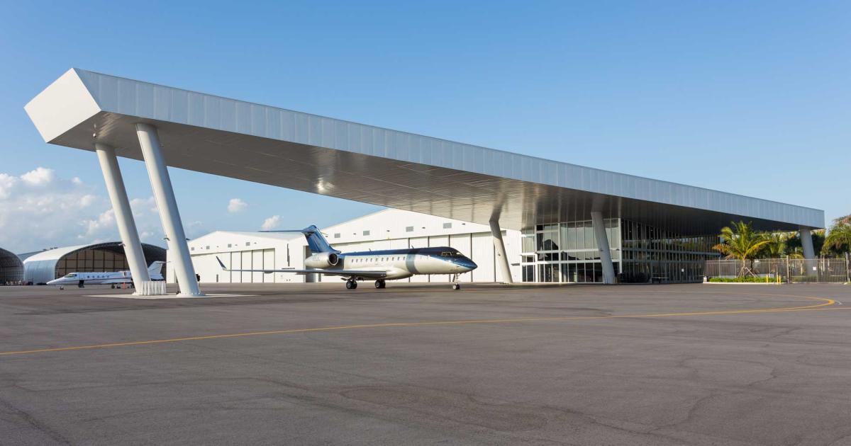 The 12,000 sq ft arrivals/departures canopy at Miami-Opa Locka Executive Airport's Fontainebleau Aviation is one of the new $27 million facility's most popular amenitities.