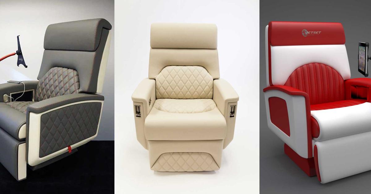 JetSet's new line of business jet seats include wider headrests and armrests, and feature USB charging plugs and iPod holders in the arms. (Photo: JetSet Interiors)