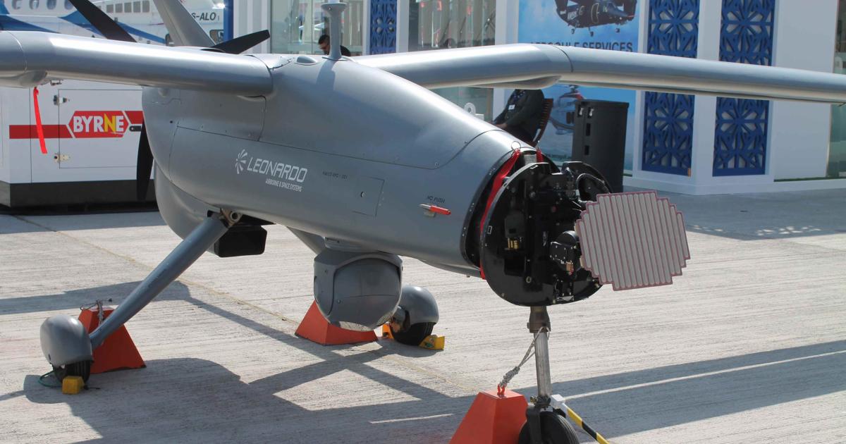 The Falco EVO was exhibited at the Dubai Airshow with Leonardo’s own Gabbiano surveillance radar. (Photo: Chris Pocock)
