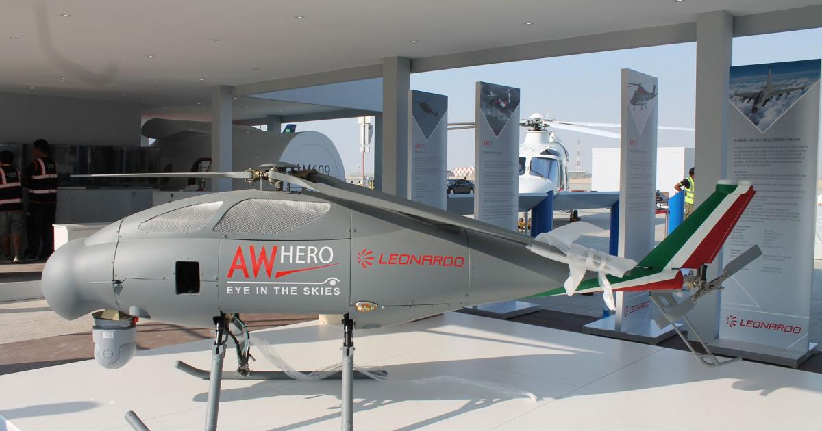 A Leonardo Hero unmanned helicopter on display at the recent Dubai Airshow. (Photo: Chris Pocock)