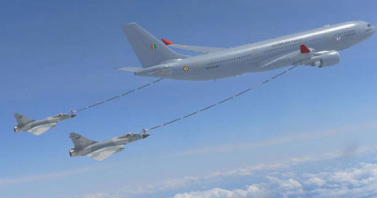 An artist's impression of an A330MRTT refueling two Indian Air Force Mirage 2000 fighters.