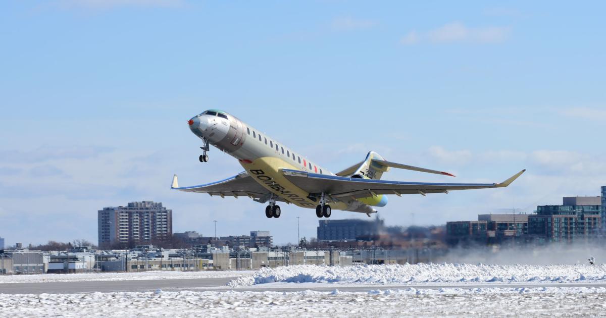 The fifth Global 7000 flight-test vehicle made its first flight on January 30, as the program progresses toward certification later this year.
 (Photo: Bombardier Aerospace)