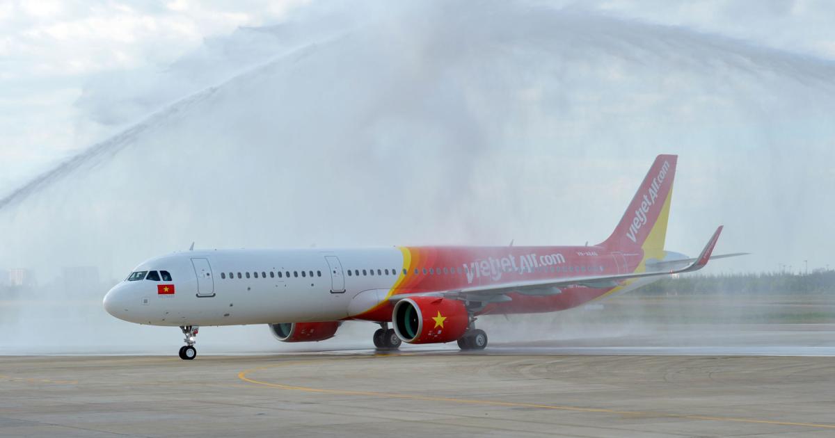Vietjet’s first Airbus A321neo, a PW1100G-JM-powered aircraft, received a water-cannon salute upon landing at Ho Chi Minh City’s Tan Son Nhat International Airport after its delivery flight from Europe at the end of 2017. The Vietjet A321neo is the first to be operated in Southeast Asia.