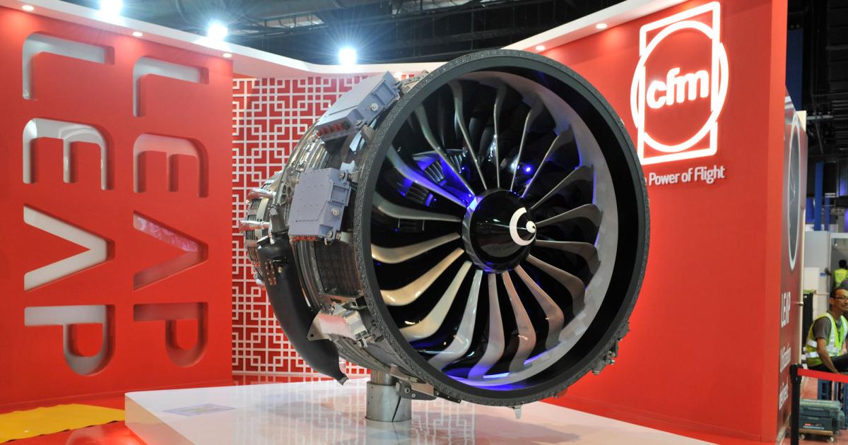The Leap 1B jet-engine is on display at CFM’s exhibit during the Singapore Airshow 2018. Photo: Mark Wagner