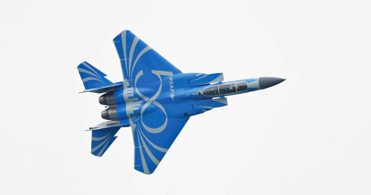 The sky-blue scheme of the F-15SG is inspired by the skies above Singapore. (Photo: Mark Wagner)