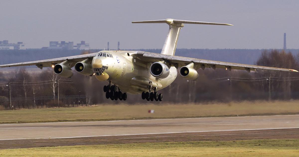 The UEC’s IL-76 flying testbed takes off with a prototype PD-14 turbofan in the No. 2 position.
