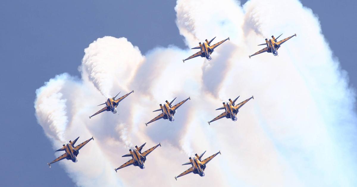 All eight Korean Aerospace Industry T-50 military trainers comprising the Republic of Korea Air Force’s Black Eagles flight display team are shown in formation. (Photo: David McIntosh)
