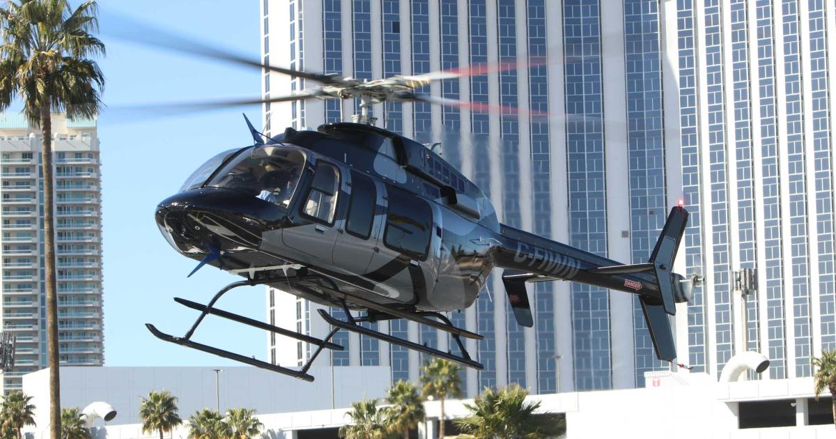 A Bell 407GXi touches down at the Las Vegas Convention Center in advance of 2018’s Heli-Expo. The 407GXi is Bell’s just-announced upgrade of the 407GXP and will feature a Garmin G1000H NXi integrated flight deck and new Rolls-Royce Fadec engine. Shaanxi Helicopter will receive the first 407GXi.
