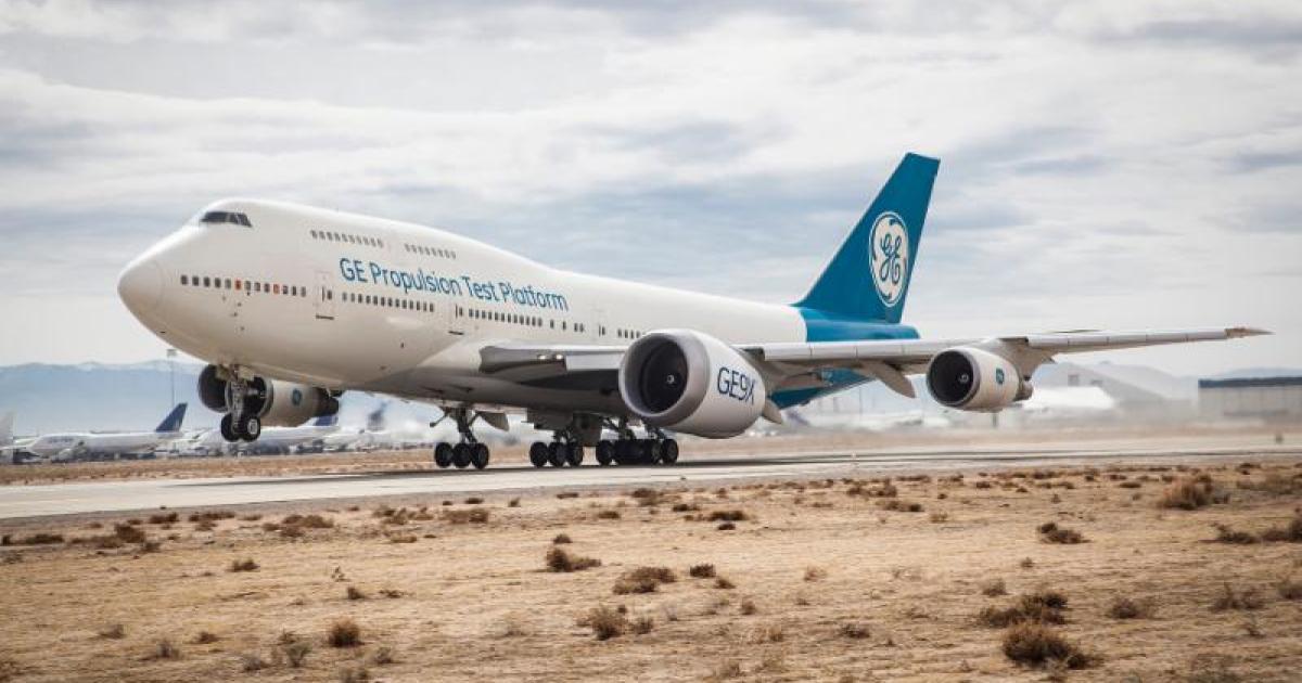 GE Aviation's Boeing 747 testbed takes off with a GE9X attached to the inner pylon of its left wing from Victorville, California. (Photo: GE Aviation)