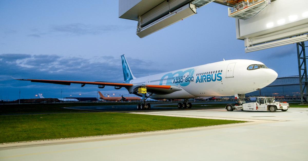The first A330-800 rolls out of its paint shop in early February. (Photo: Airbus)