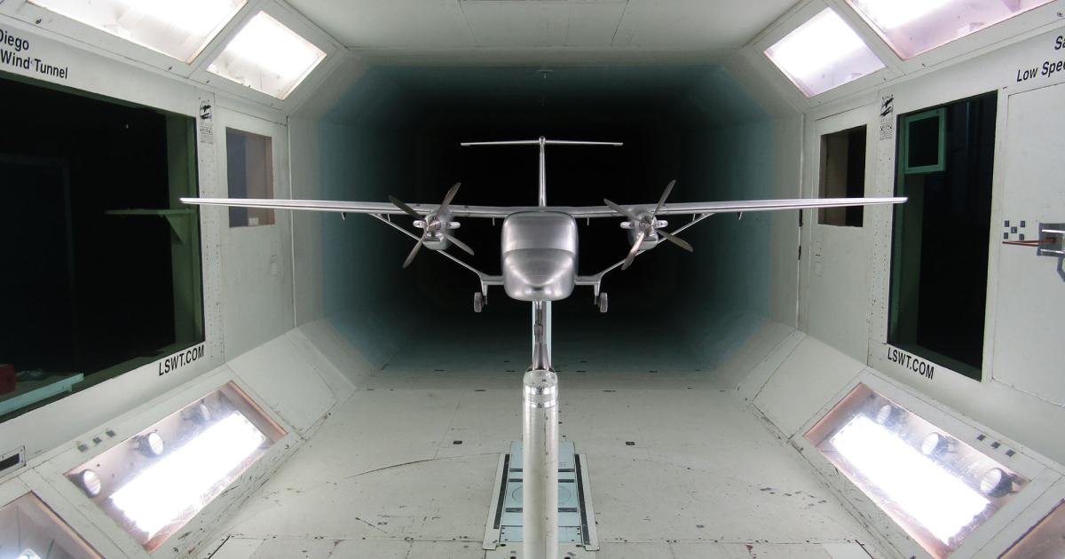 The wind-tunnel model of the Cessna SkyCourier was fitted with electric motors and scaled propellers calibrated to represent the thrust produced by the real aircraft. (Photo: Textron Aviation)