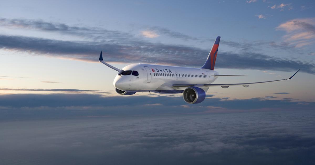 An order from Delta Air Lines for 75 Bombardier CS100s originally called for first delivery this spring, but uncertainty over the outcome of Boeing's product dumping complaint and the timing of Airbus's plans to build C Series jets in Mobile, Alabama, delayed those plans. (Image: Bombardier)