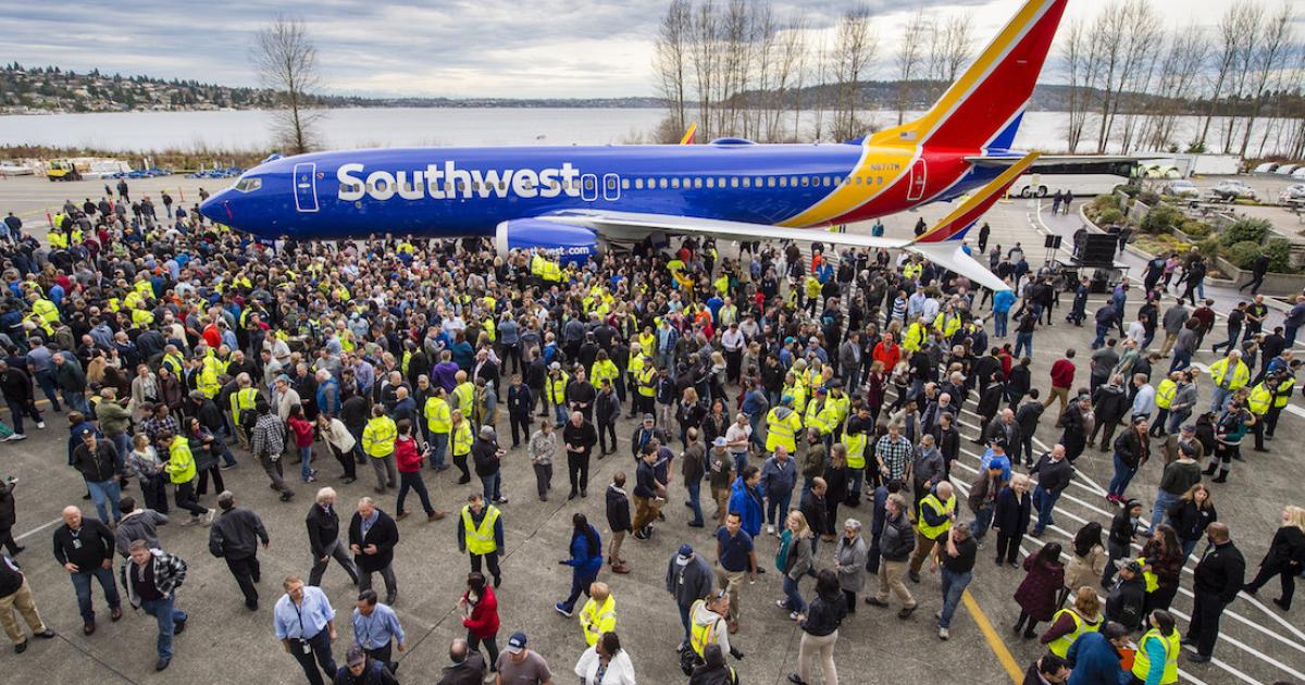 Hundreds of employees gather with customer and supplier representatives at Boeing's factory in Renton, Washington, to celebrate delivery of the 10,000th 737—a 737 Max 8—to Southwest Airlines. (Photo: Boeing)