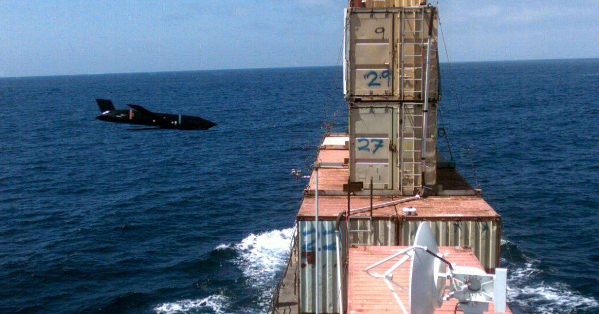  The LRASM target was a remotely controlled vessel carrying containers arranged to represent superstructure. (Photo: Lockheed Martin)
