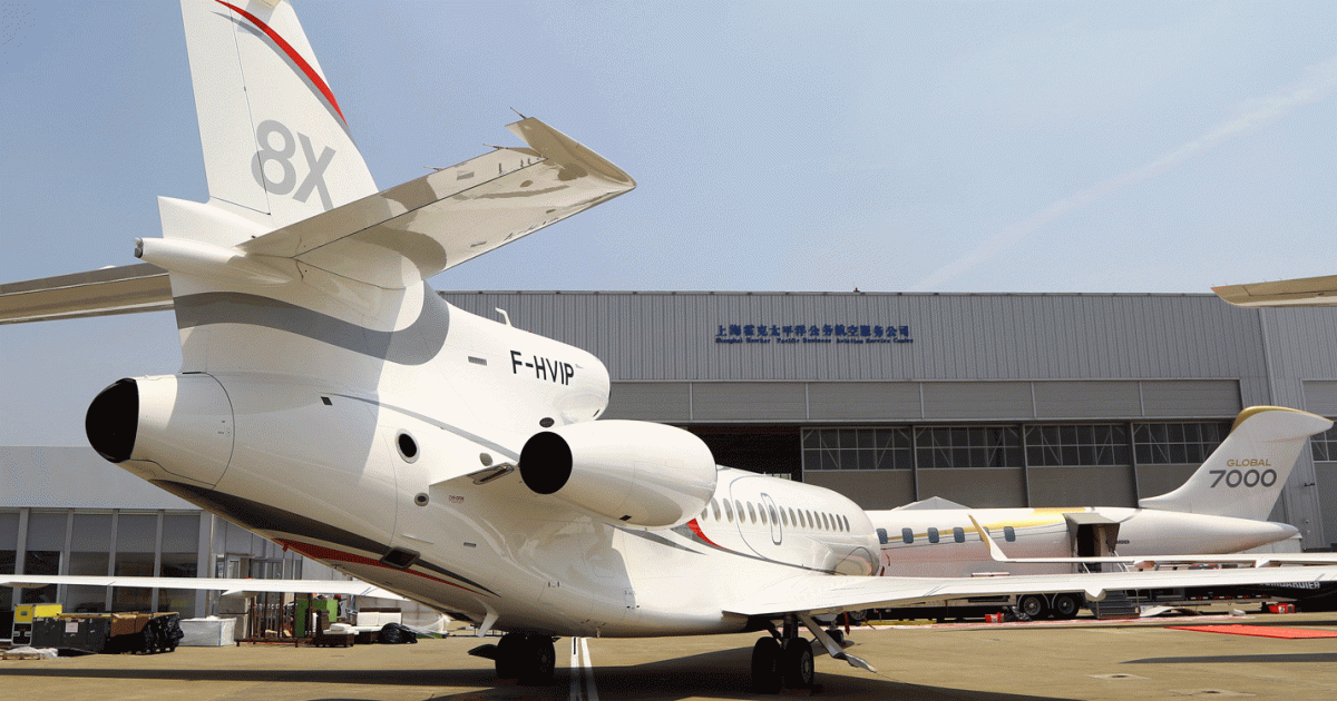 Dassault delivered its first Falcon 8X in China late last year, and the three-engine jet has already been busy on trips all over the world. 
The ultra-long-range 8X can fly 6,450 nm and from Shanghai can reach Los Angeles, Madrid, and London.   