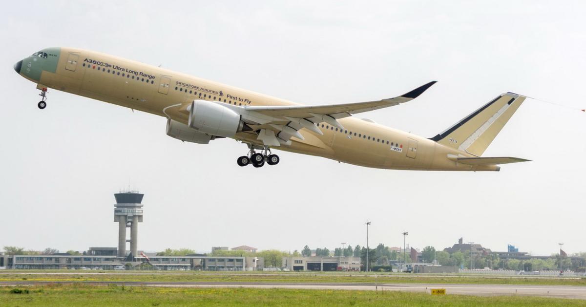 The first A350-900 ULR takes off from Toulouse Blagnac Airport for its first flight on April 23, 2018. (Photo:Airbus)