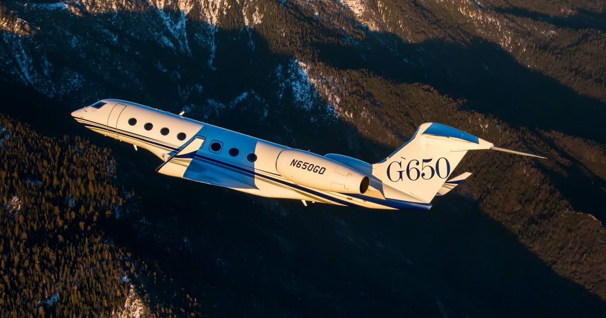Activity of large-cabin business jets, such as this Gulfstream G650, continues to accelerate in the U.S. and Canada, according to data from Argus International. (Photo: Gulfstream)