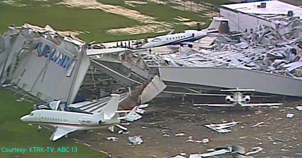 The remains of the Jet Linx-leased 30,000-sq-ft hangar at Houston's William P. Hobby Airport. The structure at the Jet Aviation FBO was hit by a violent microburst just before midnight on April 4. While there were no reported injuries, eight aircraft were impacted, according to Jet Aviation. (Image: KTRK-TV ABC 13)