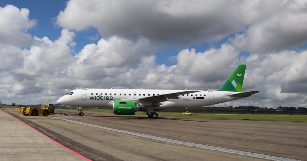 The first production E190-E2 taxis into position for a ceremony to mark its delivery to launch customer Wideroe at Embraer's main factory in São Jose dos Campos, Brazil. (Photo: Embraer)