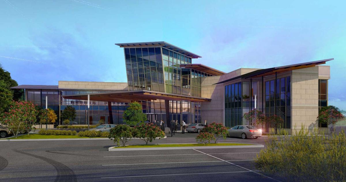 An artist rendering of the planned FBO terminal at Dallas-metroplex McKinney National Airport. Part of a $16 million partnership project with Western LLC, the development, which includes a new 39,900-sq-ft hangar, is expected to be completed in summer 2019.