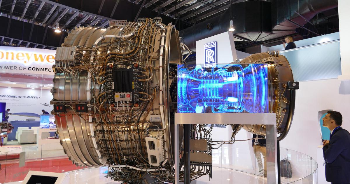 A Trent 1000 sits on display at Rolls-Royce's 2018 Singapore Airshow exhibit. (Photo: Rolls-Royce) 