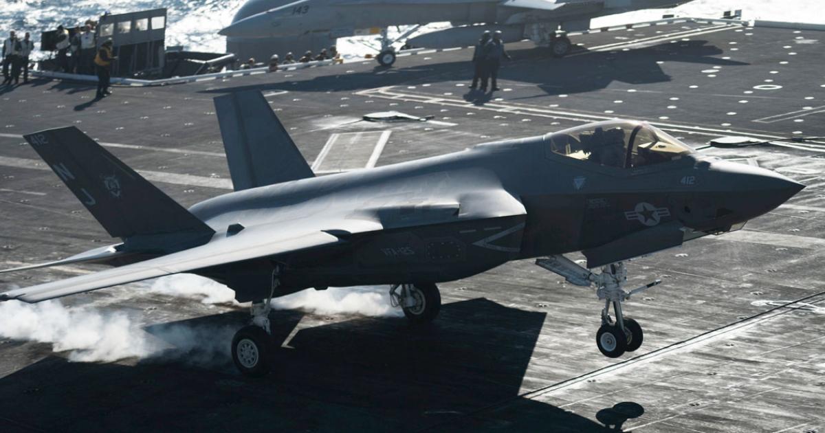 An F-35C of VFA-125 “Rough Raiders” traps aboard USS Abraham Lincoln during the March carrier qualification deployment. (Photo: U.S. Navy)