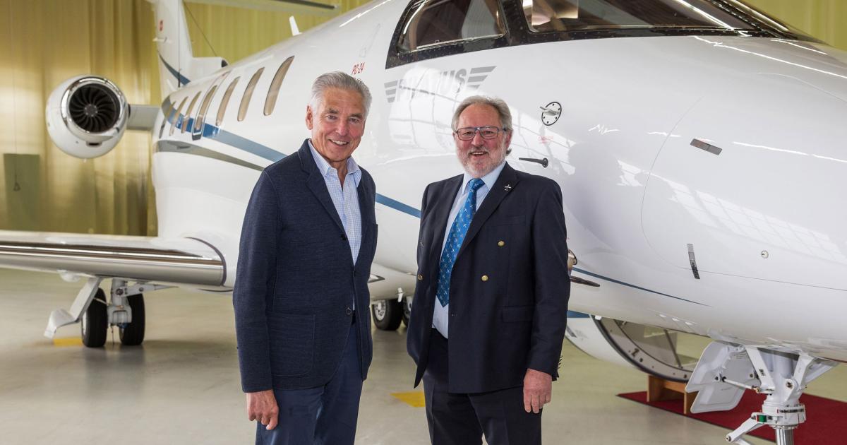 Pilatus Aircraft chairman Oscar J. Schwenk (right) handed over the keys to PC-24 S/N 104 to Peter Brabeck-Letmathe, the former chairman and CEO of the Nestlé Group, on May 22. This marks the fourth customer delivery of the new jet, and the first in Europe. (Photo: Pilatus Aircraft)