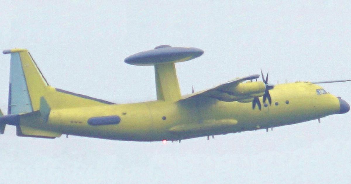 The unpainted KJ-500 with an in-flight refuelling probe above the cockpit was seen departing Shaanxi Aircraft Corporation’s airfield in Hanzhong. (Photo: Chinese internet via Weibo user ‘Momoaimotuo’)