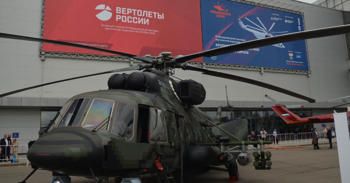 A Mil Mi-8AMTSh for the Russian armed forces on display outside the HeliRussia show. (Photo: Vladimir Karnozov)