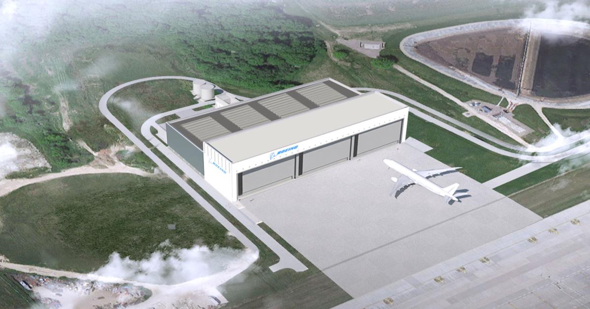 An impression of the airliner maintenance hangar that Boeing is building at Gatwick airport.
